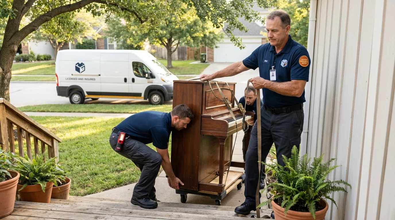 Licensed piano movers securing grand piano in Arnold, MO