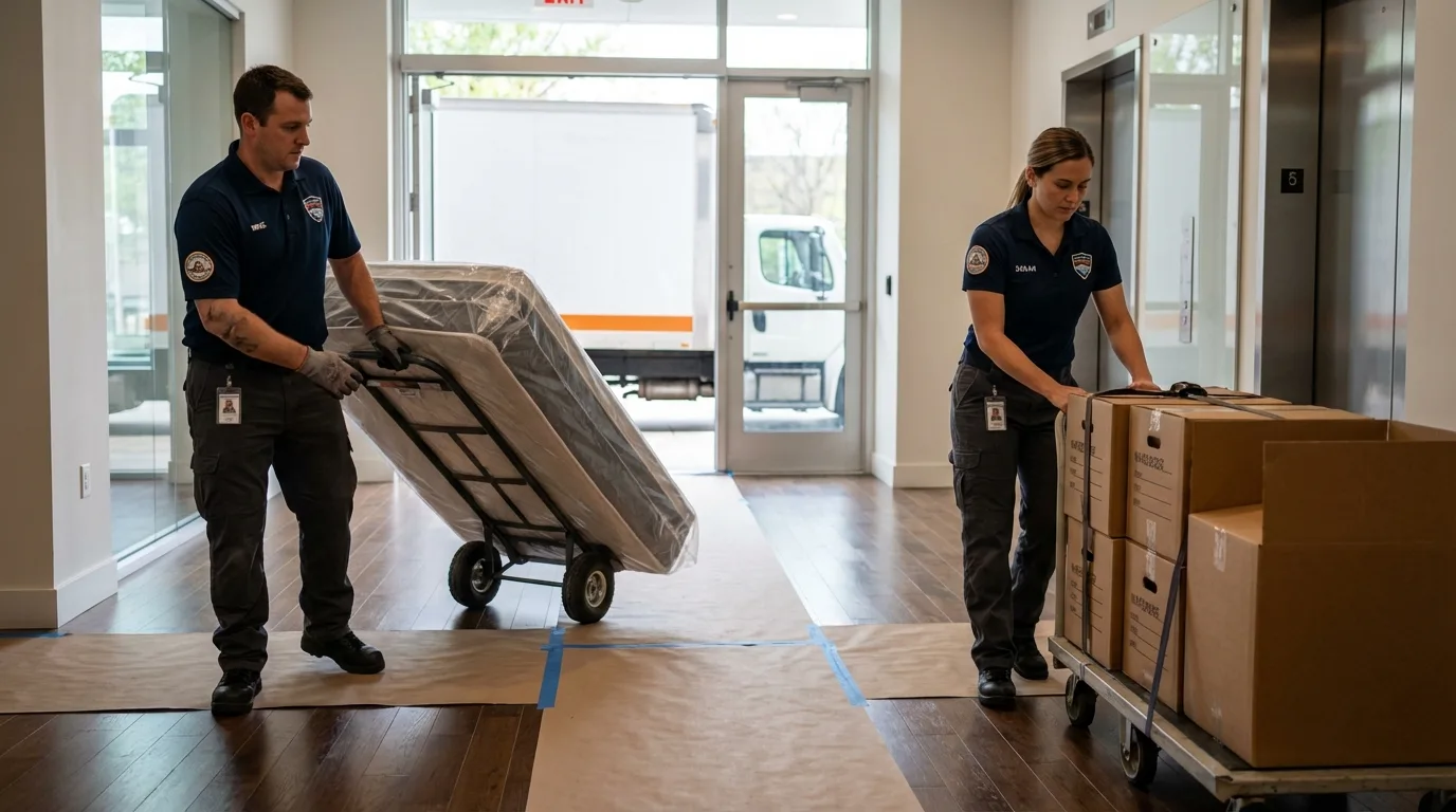 Professional apartment movers loading elevator in Arnold, MO